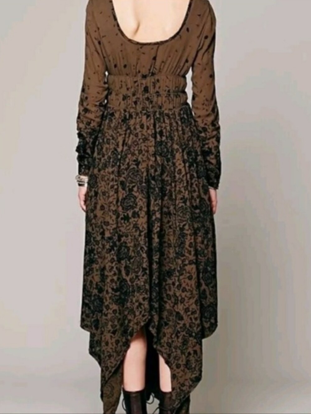 💜 Free People Brown and Black Long Sleeve Dress Fall Boho Floral - Picture 2 of 10